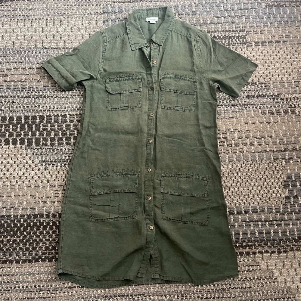 Sundance Harper Linen Midi Shirt Dress with Pockets in Olive Green, Extra Small
